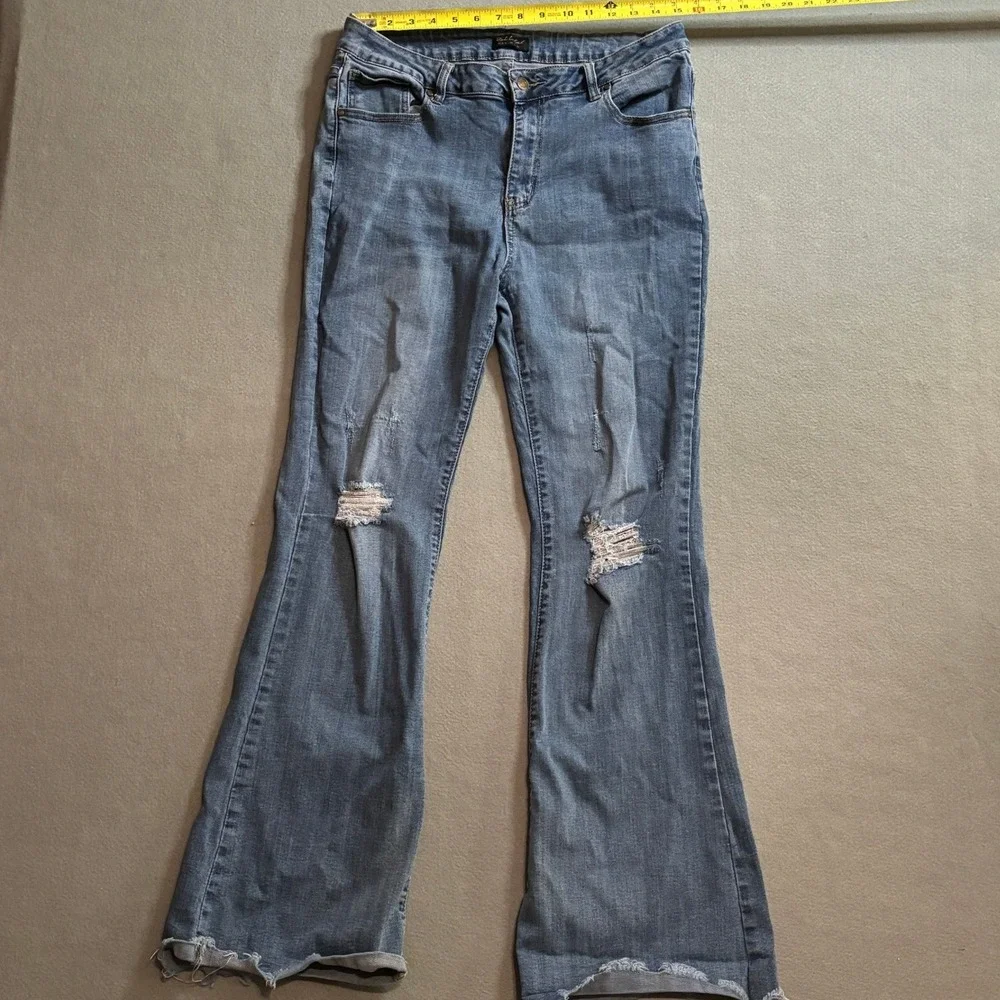 Pink Label Denim Co Distressed Flare Jeans Stretch Blue Sz Wide leg Y2K